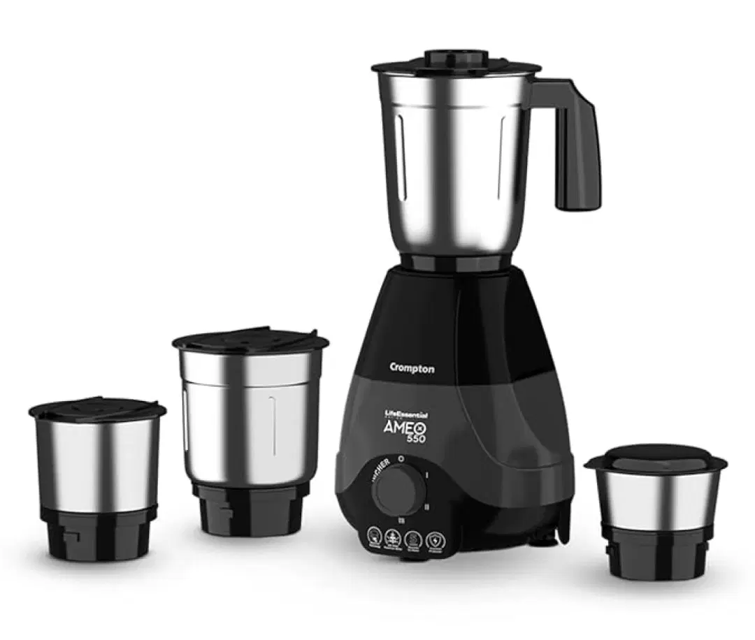 Crompton Ameo 550W Mixer Grinder With MaxiGrind & Motor Vent-X Technology, 4 Stainless Steel Jars (Black)