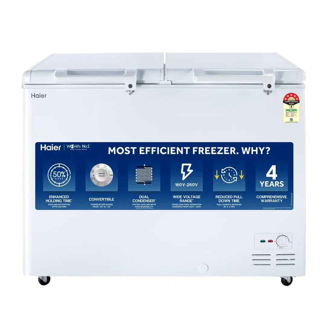 Haier HFC-350DM5, 5 Star Rating Double Door Convertible Deep Freezer, Inside Metal Liner with 4 Years Comprehensive Warranty (White)
