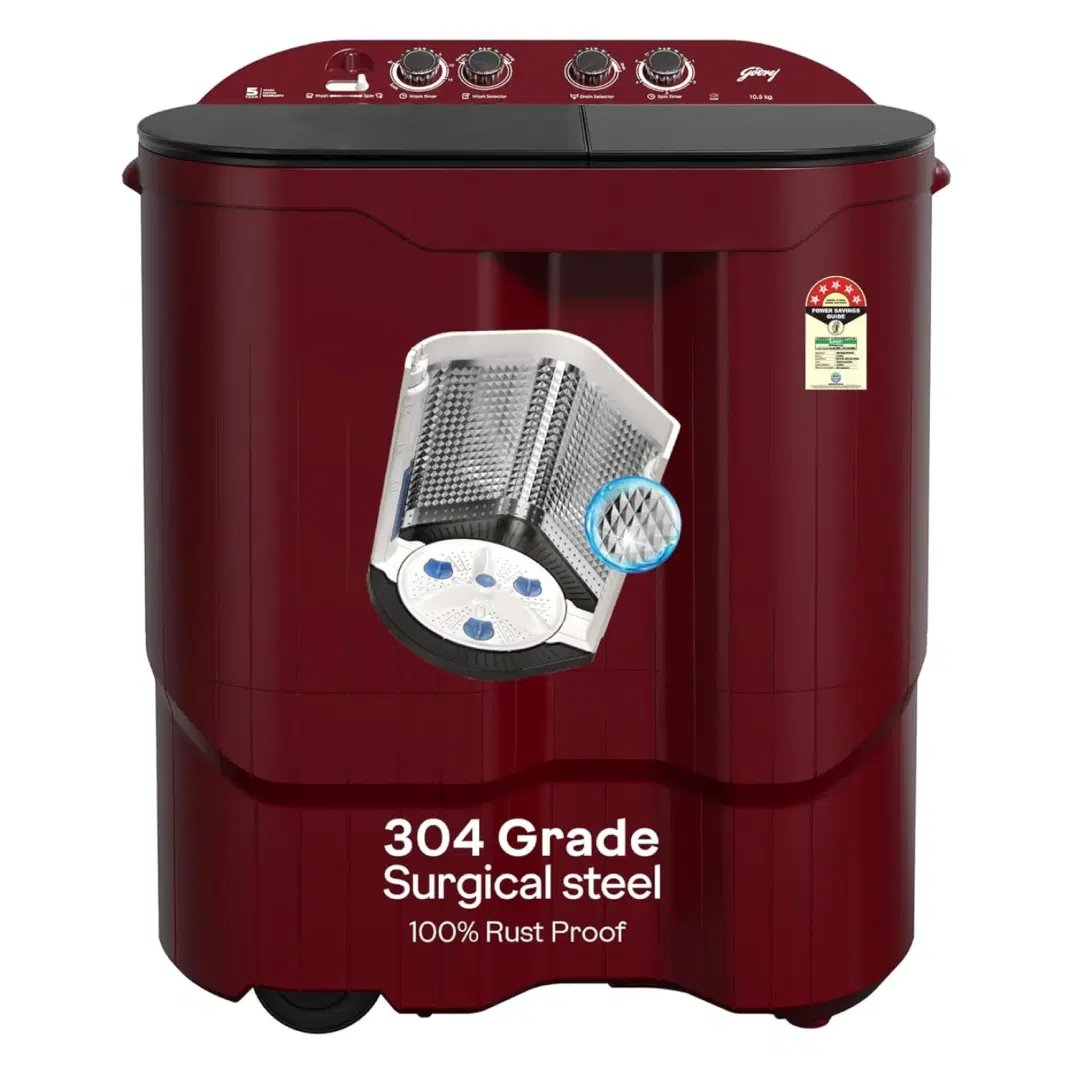 Godrej 10.5 Kg 5 Star Semi-Automatic Top Load Washing Machine With Toughened Glass Lid(WSEDGE JAZZ 105 5.0 DB3 M CSRD, Stainless Steel Drum, Drying at 1440 RPM Speed, Crystal Red)