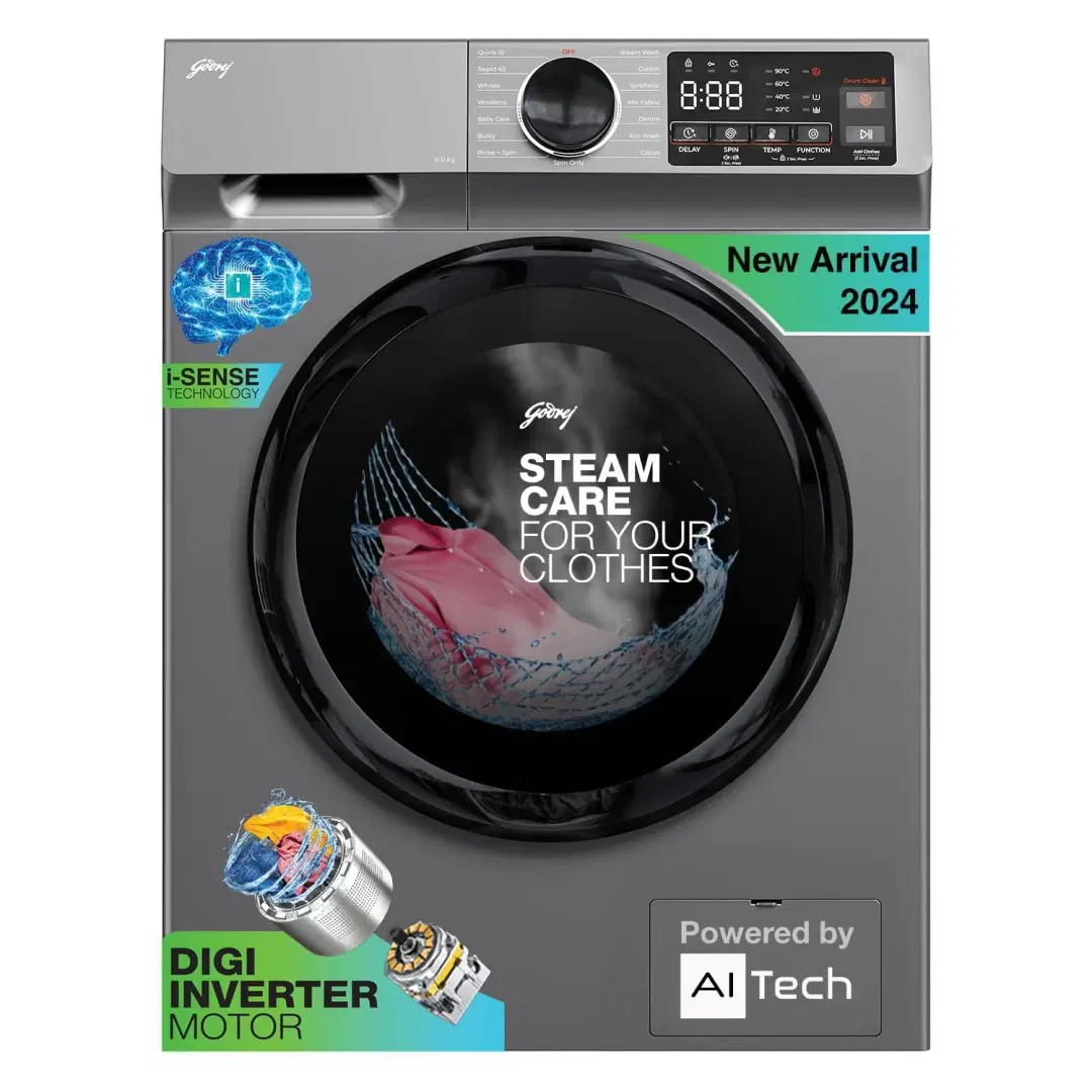 Godrej 8 Kg 5 Star, With AI Tech, Digi Inverter Fully-Automatic Front Load Washing Machine (2024 Model, WFEON CEL 8014 IEBT SLSR, Silver Stream, With Steam Wash)
