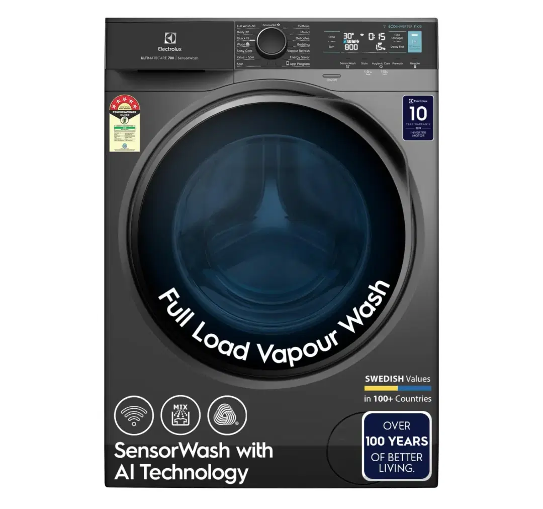 Electrolux 11kg 5 Star Fully Automatic Front Load Washing Machine with AI SensorWash, WiFi, Full Load Vapour Wash, EcoInverter, Dark Silver, UltimateCare 700, EWF1142R7SB