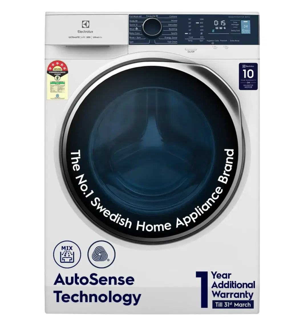 Electrolux 9kg 5 Star Fully Automatic Front Load Washing Machine with UltraMix, Full Load Vapour Wash for Sustainable Clothing, Hygienic Care, EcoInverter, White, UltimateCare 500, EWF9024R5WB